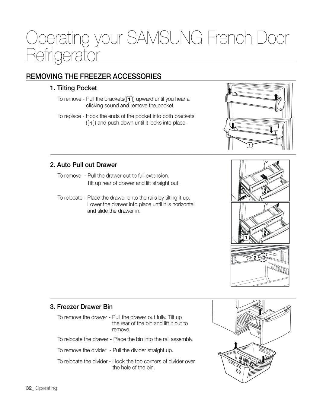 Sears RFG297AA manual Removing The Freezer Accessories, Tilting Pocket, Auto Pull out Drawer, Freezer Drawer Bin 
