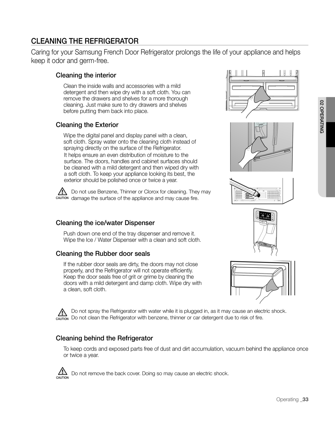 Sears RFG297AA CLEAninG tHE REFRiGERAtoR, Cleaning the interior, Cleaning the Exterior, Cleaning the ice/water Dispenser 