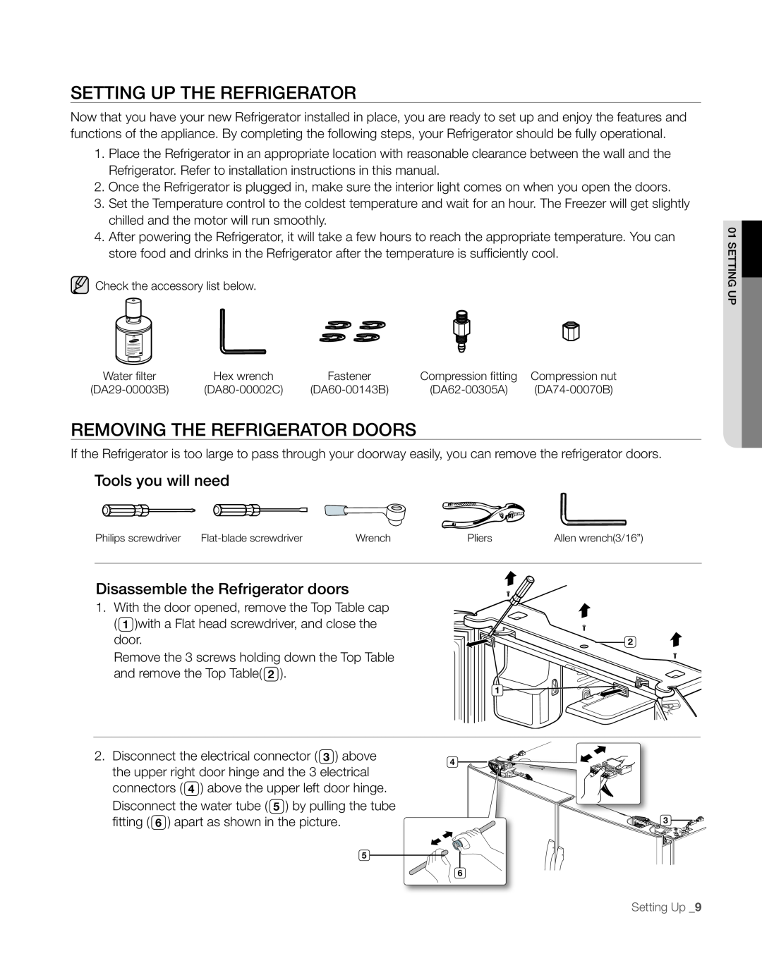 Sears RFG297AA manual setting uP tHe ReFRigeRAtoR, Removing the refrigerator doors, Tools you will need 