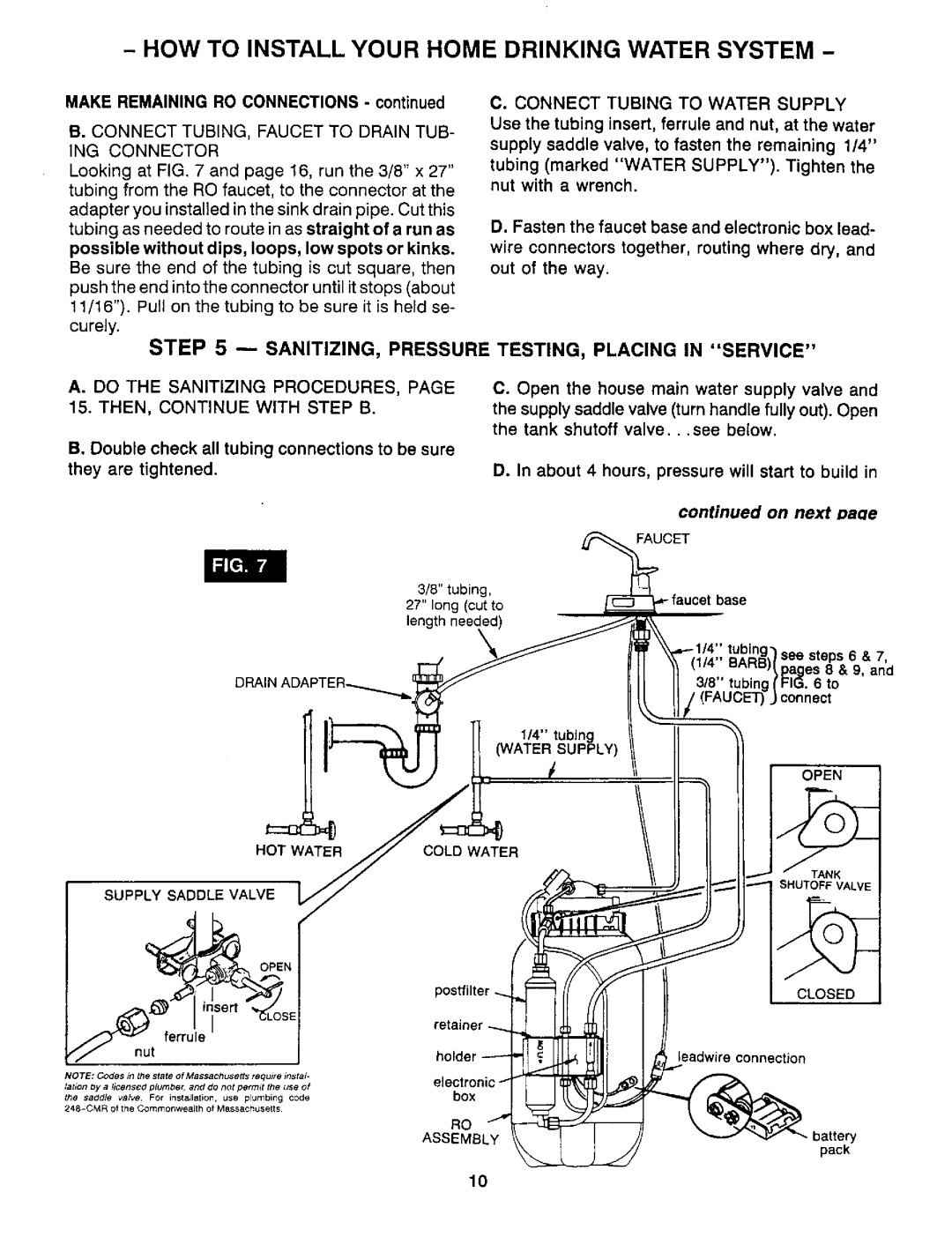 Sears RO 2000 manual SANITIZING, Pressure, TESTING, Placing in Service 