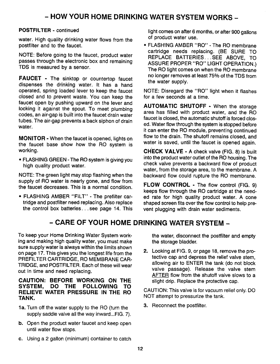 Sears RO 2000 manual Care of Your Home Drinking Water System, Faucet The sinktop or countertop faucet 