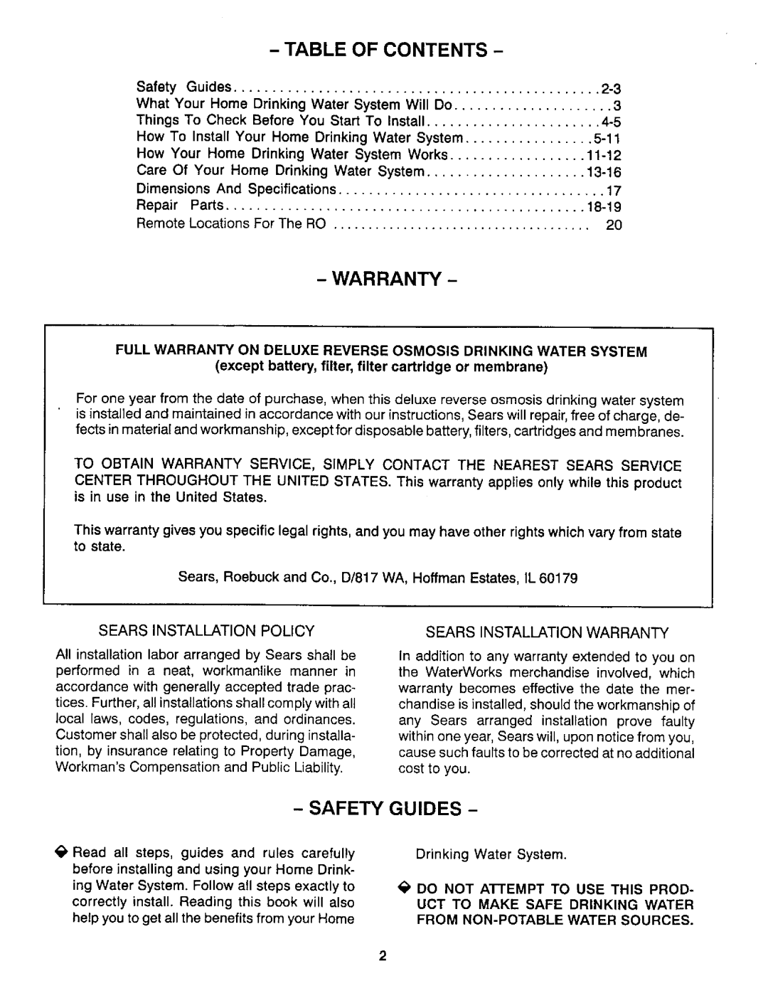 Sears RO 2000 manual Table of Contents 