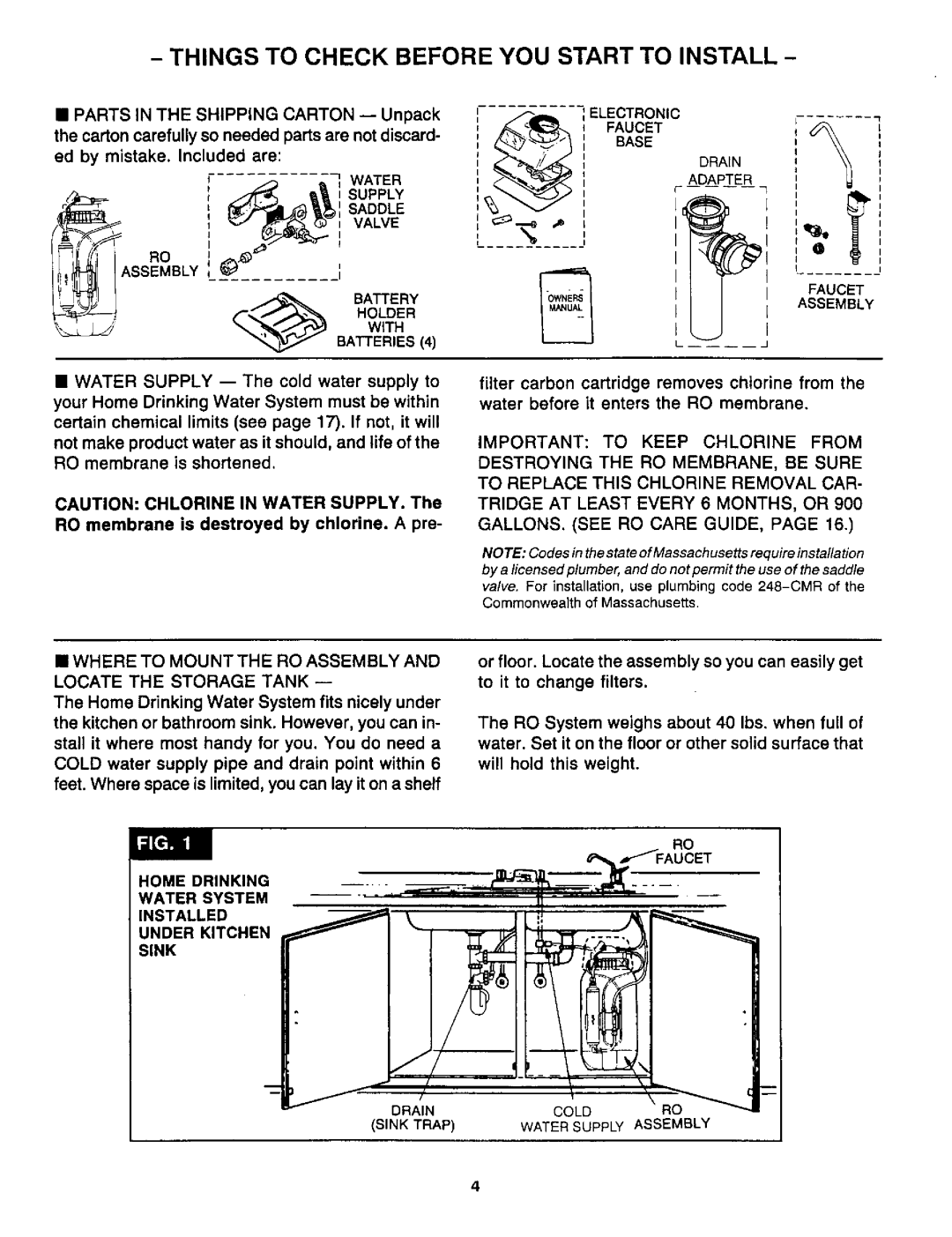 Sears RO 2000 manual Things to Check Before YOU Start to Install, Parts Shipping, Saddle, Important to Keep Chlorine from 