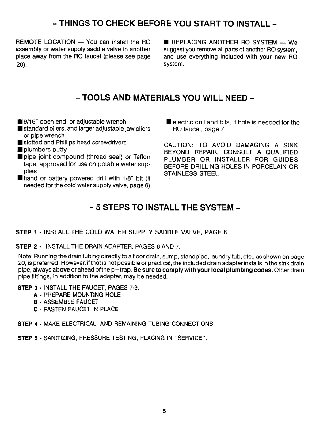 Sears RO 2000 Tools and Materials YOU will Need, Steps to Install the System, Remote Location -- You can install the RO 