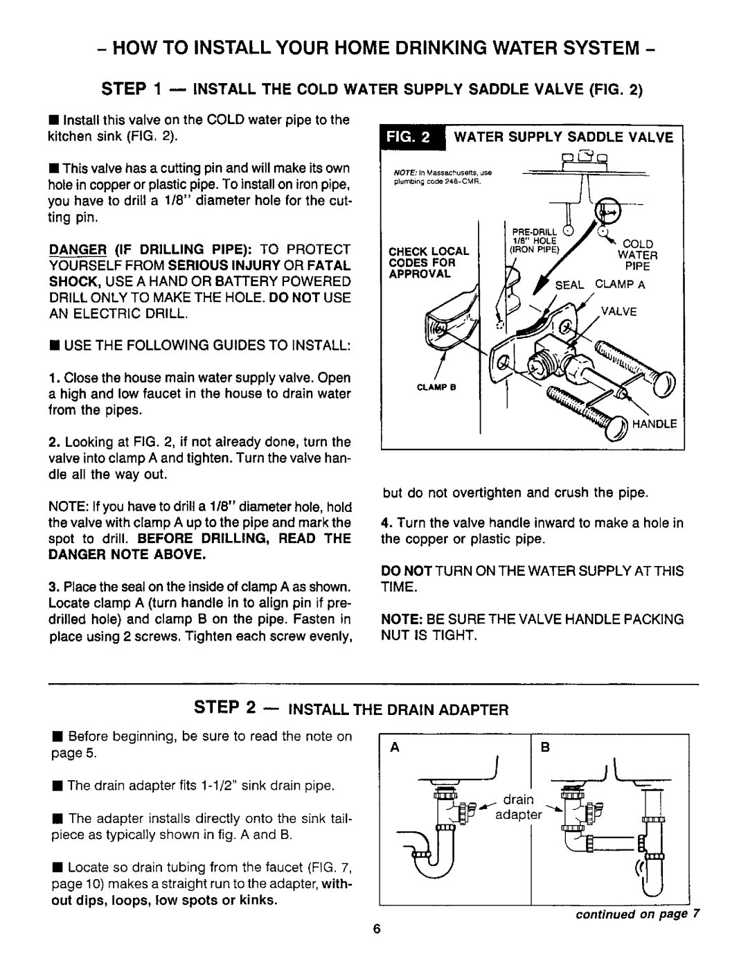 Sears RO 2000 manual HOW to Install Your Home Drinking Water System, Install the Cold Water Supply Saddle Valve FIG 