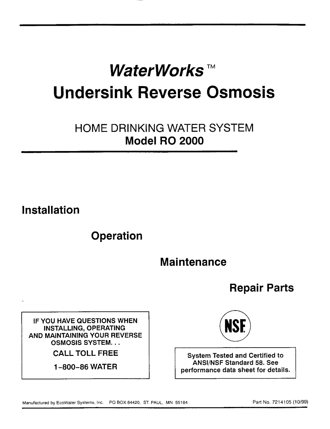 Sears RO 2000 manual Home Drinking Water System, CALL TOLL FREE 1-800-86 WATER, WaterWorks TM, Undersink Reverse Osmosis 