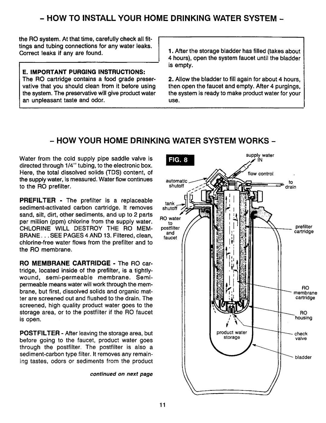 Sears RO 2000 manual How Your Home Drinking Water System Works, E. Important Purging Instructions 