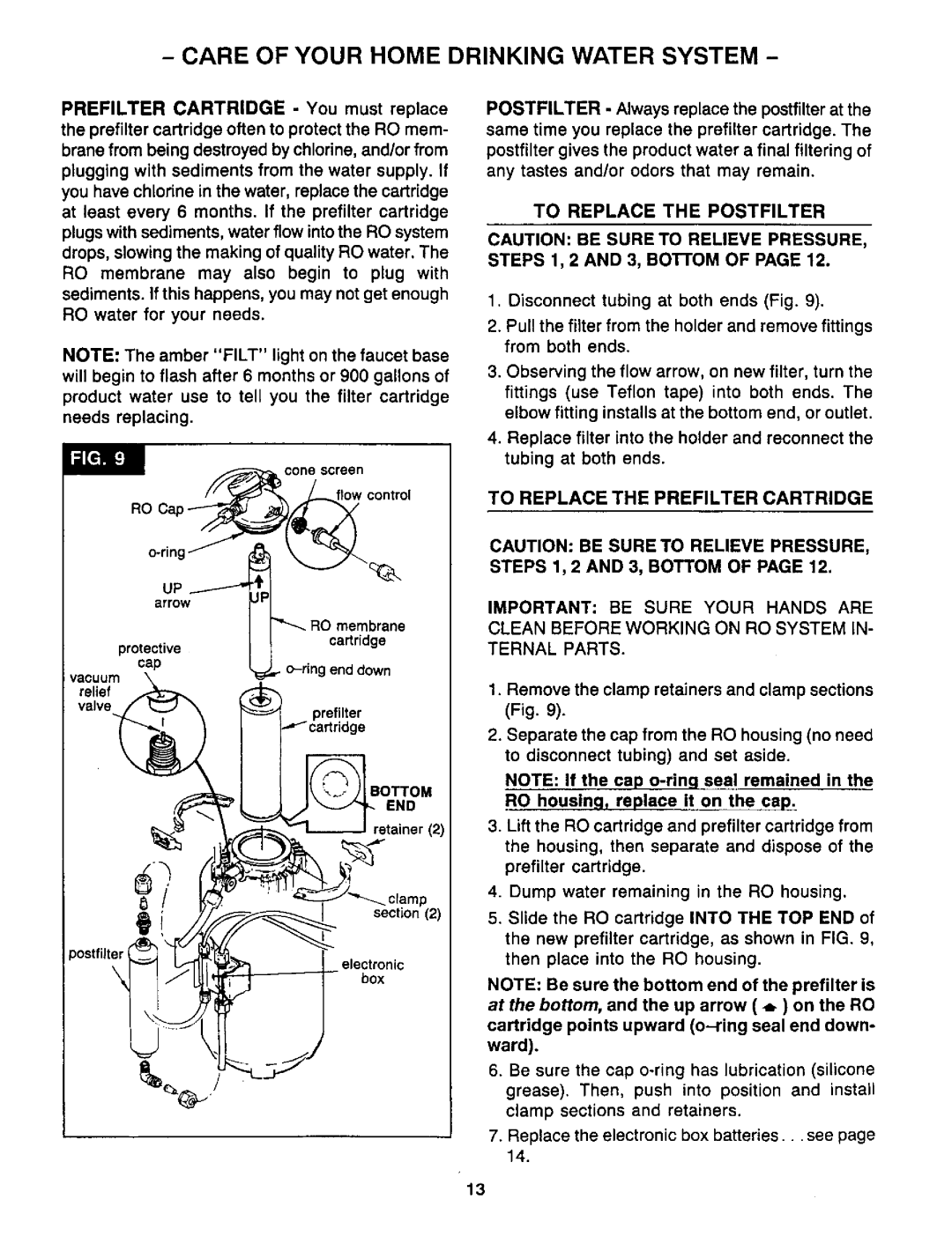 Sears RO 2000 manual To Replace The Prefilter Cartridge, Care Of Your Home Drinking Water System 