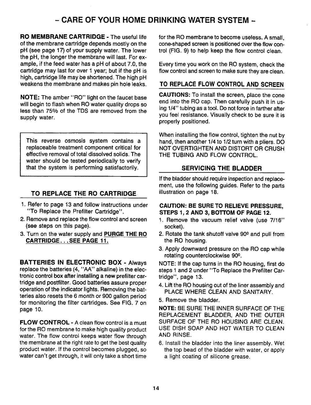 Sears RO 2000 manual To Replace Flow Control And Screen, To Replace The Ro Cartridge, Servicing The Bladder 