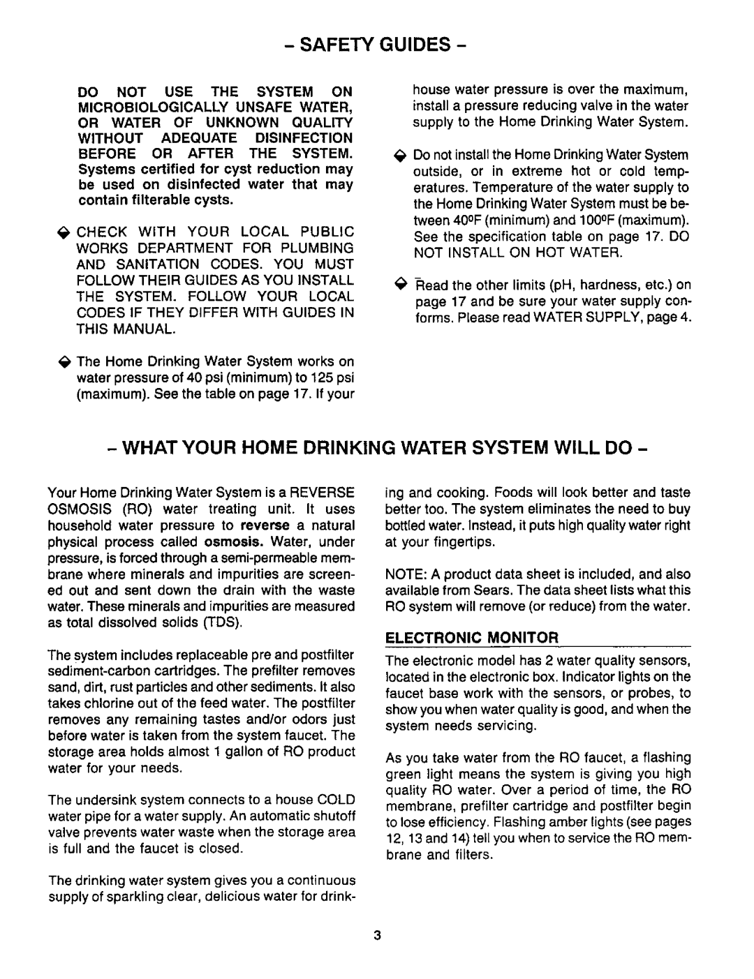 Sears RO 2000 manual Safety Guides, What Your Home Drinking Water System Will Do, Electronic Monitor 