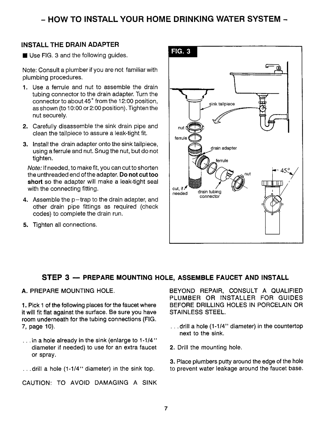Sears RO 2000 manual Install The Drain Adapter, u PREPARE MOUNTING HOLE, ASSEMBLE FAUCET AND INSTALL 