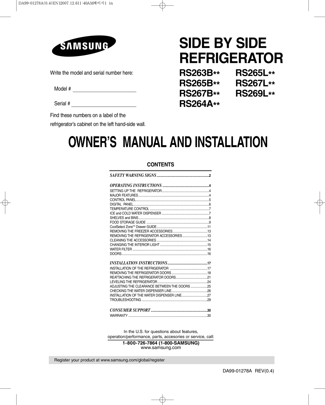 Sears RS269L**, RS265B**, RS267B**, RS263B**, RS264A**, RS265L**, RS267L** owner manual Side by Side Refrigerator 