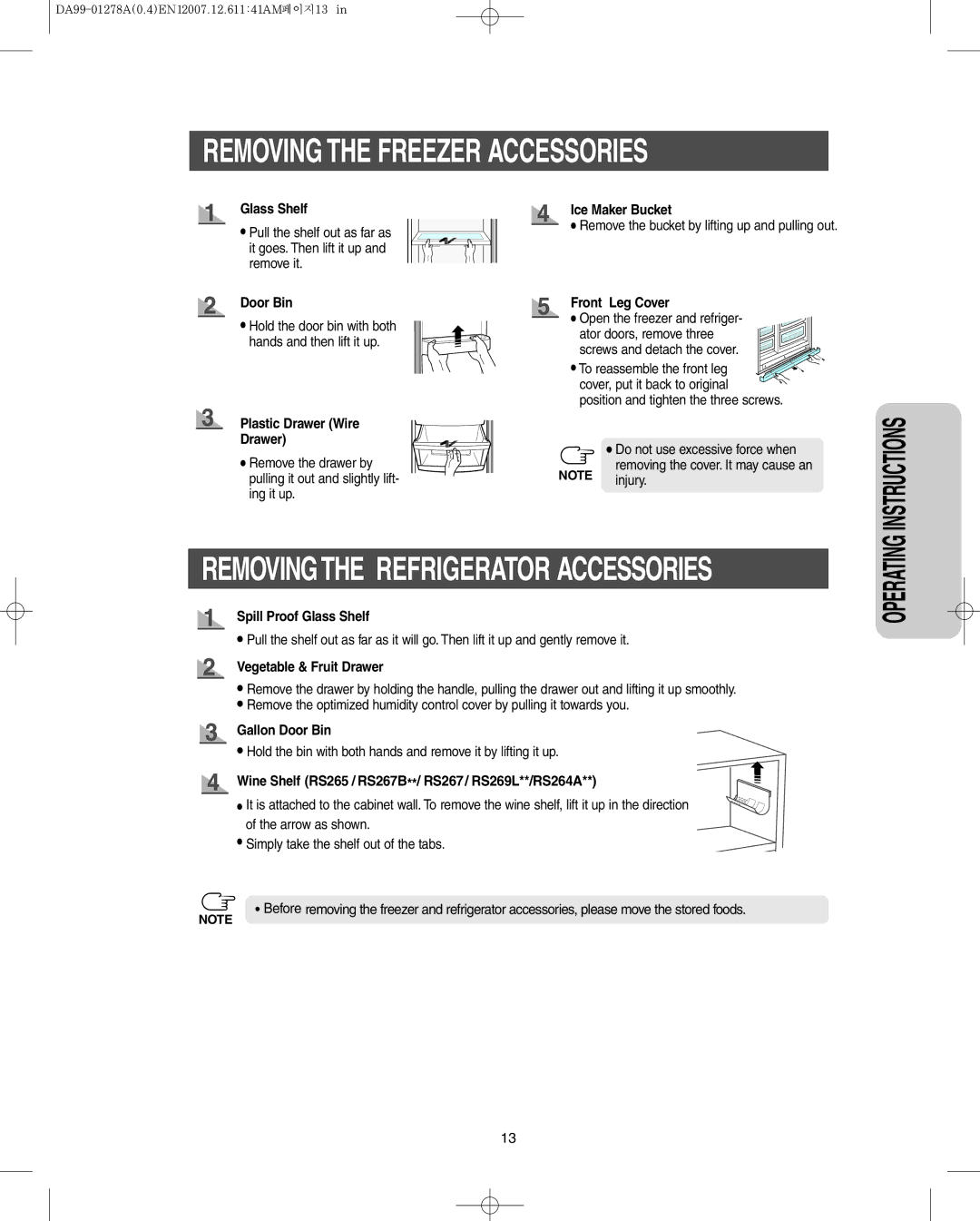 Sears RS269L**, RS265B**, RS267B**, RS263B**, RS264A**, RS265L**, RS267L** owner manual Removing the Freezer Accessories 