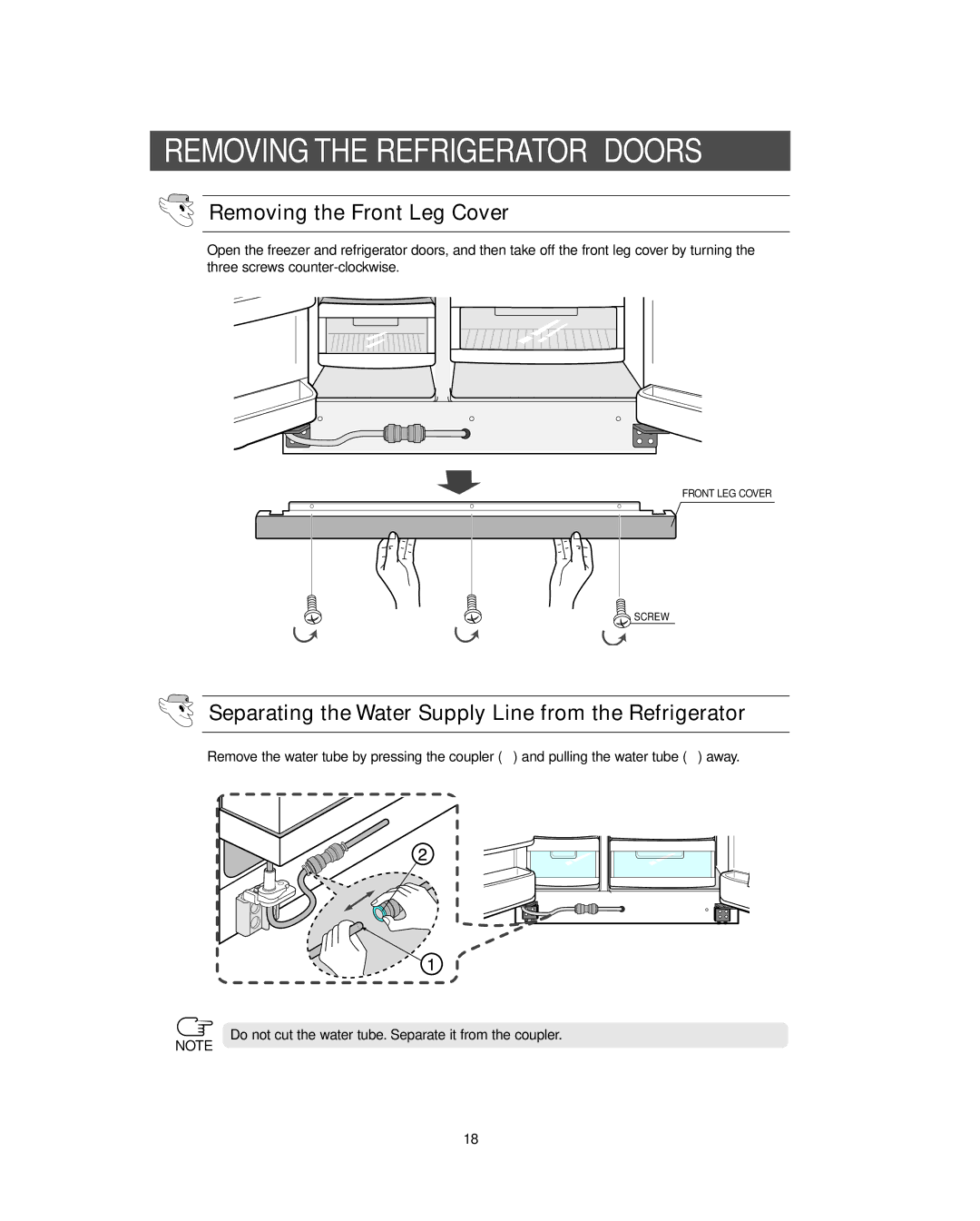 Sears RS267B**, RS269L**, RS265B**, RS263B**, RS264A**, RS267L Removing the Refrigerator Doors, Removing the Front Leg Cover 