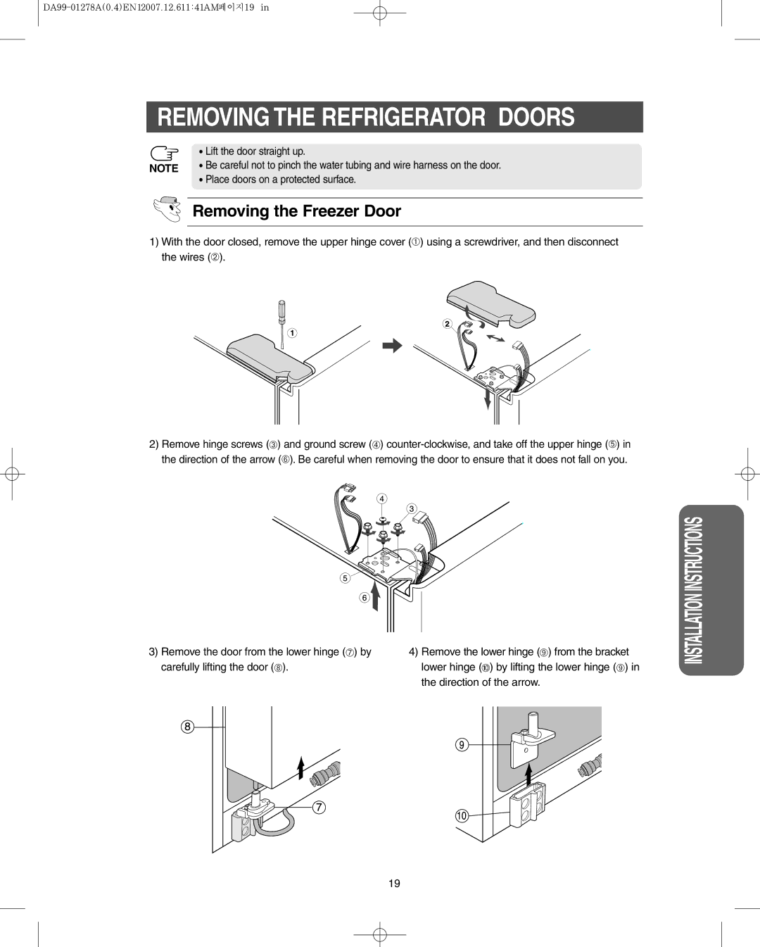 Sears RS263B**, RS269L**, RS267B Removing the Freezer Door, Lift the door straight up Place doors on a protected surface 