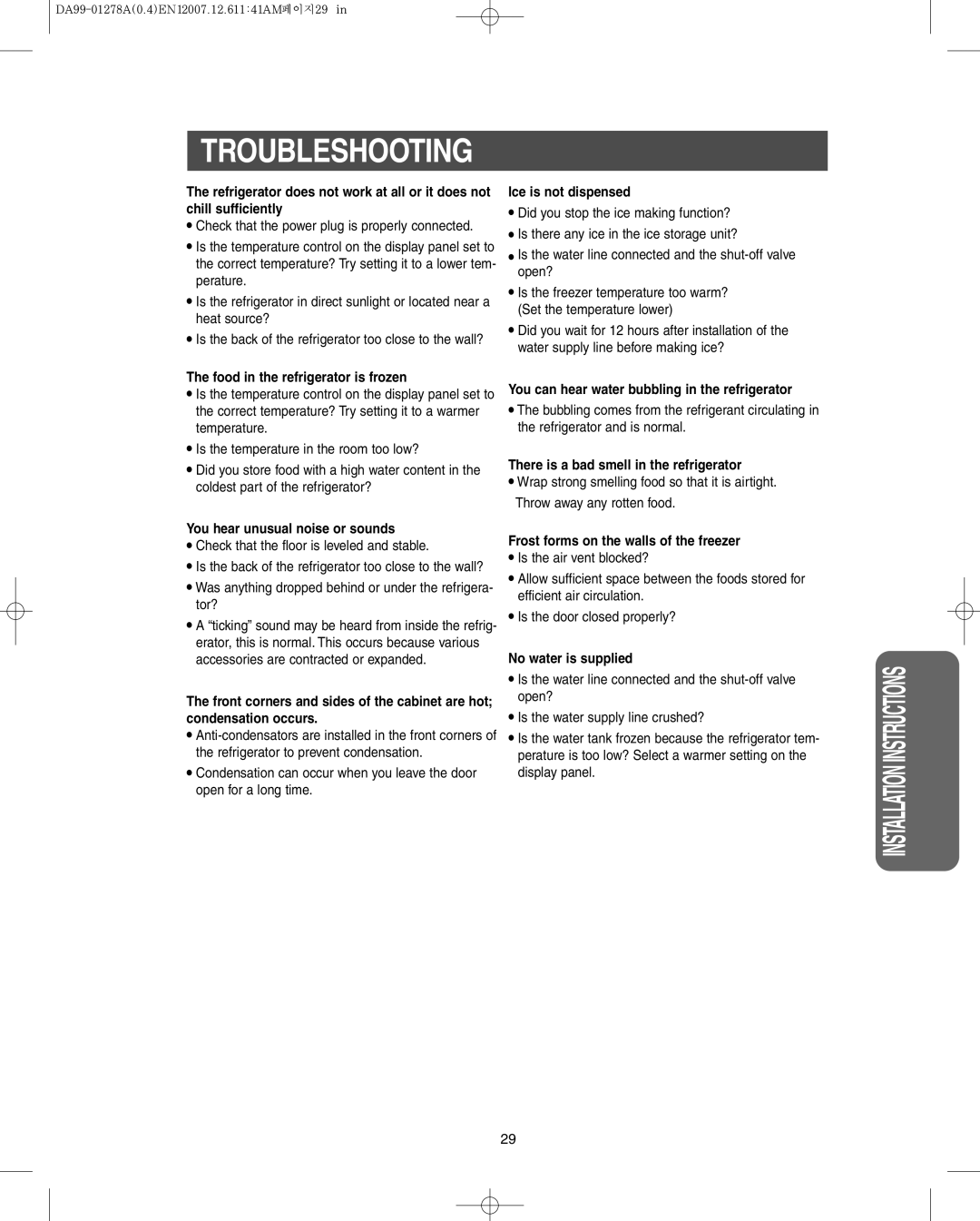 Sears RS269L**, RS265B**, RS267B**, RS263B**, RS264A**, RS265L**, RS267L** owner manual Troubleshooting 