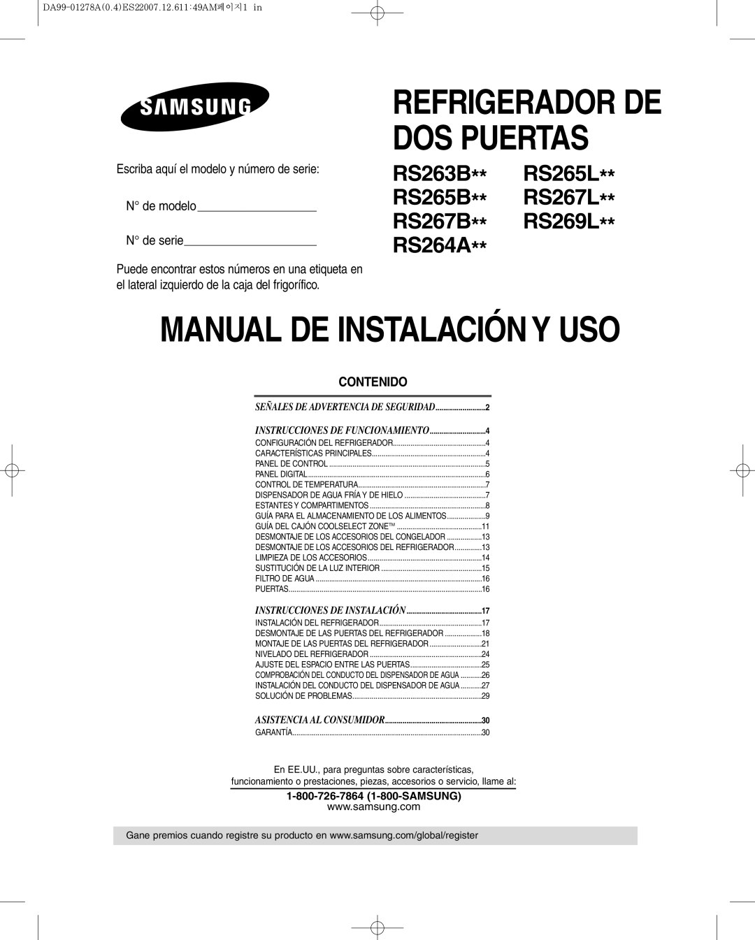 Sears RS263B**, RS269L**, RS265B**, RS267B**, RS264A**, RS265L**, RS267L** owner manual Manual DE Instalación Y USO 