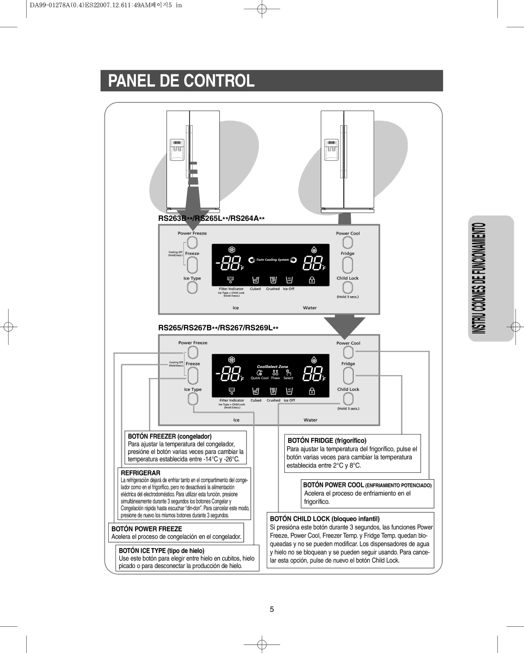 Sears RS267L**, RS269L**, RS265B**, RS267B**, RS263B**, RS264A**, RS265L** Panel DE Control, Botón Freezer congelador 