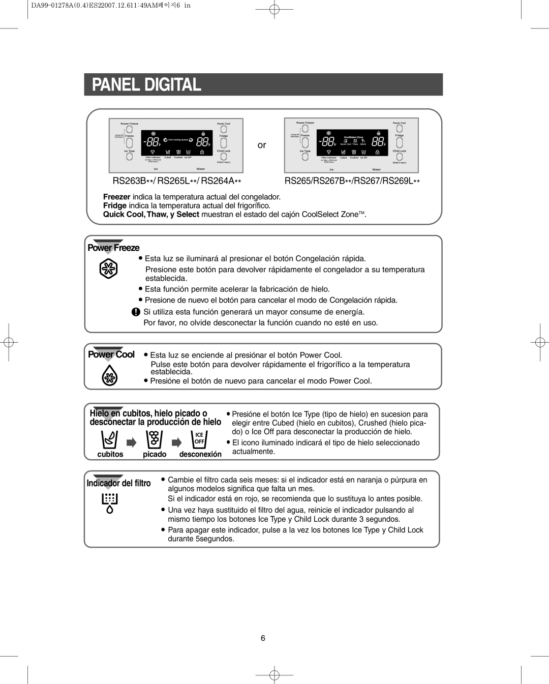 Sears RS265B Panel Digital, Cubitos picado desconexión, Indicador del filtro, Algunos modelos significa que falta un mes 