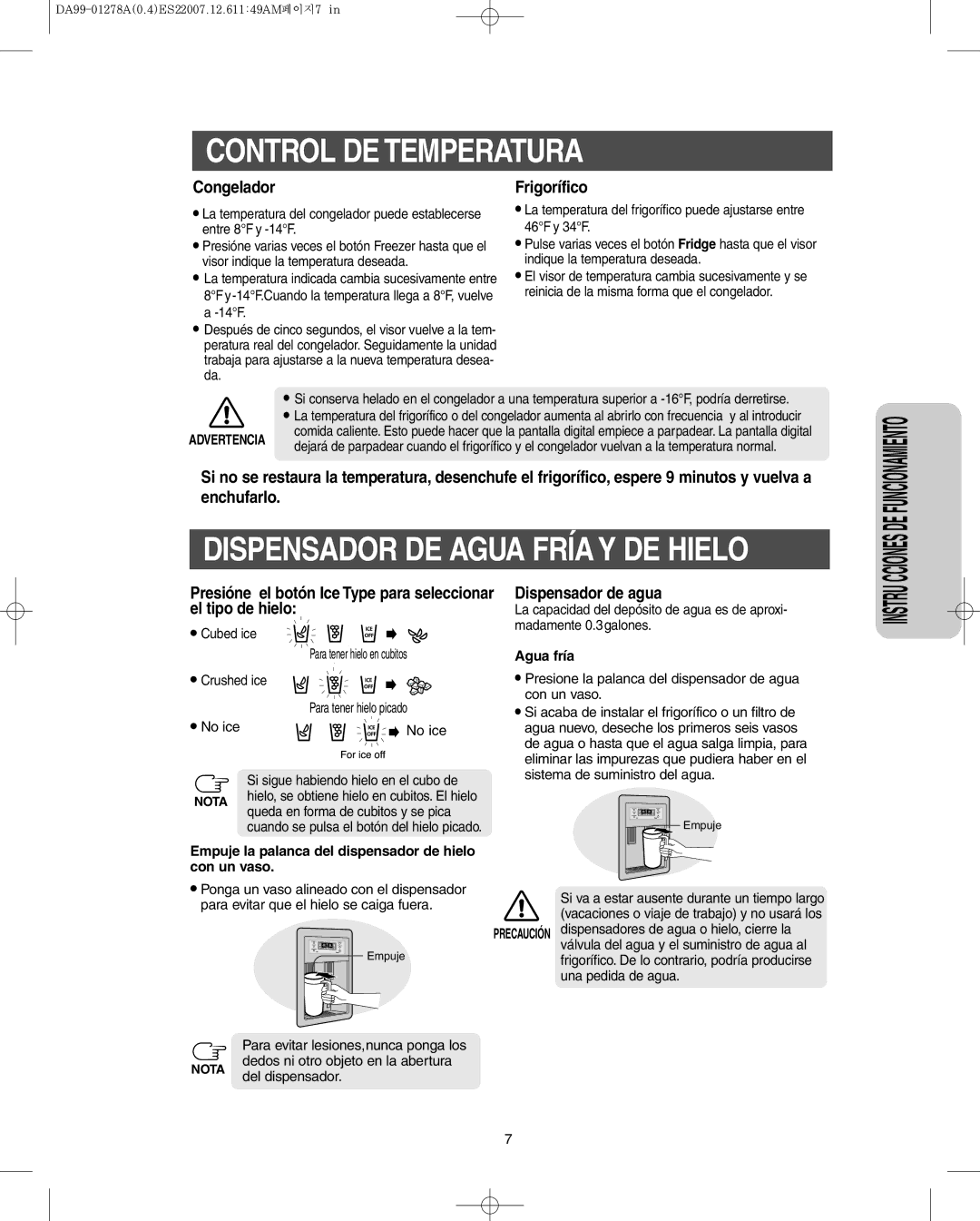 Sears RS265L Control DE Temperatura, Dispensador DE Agua Fría Y DE Hielo, Presióne el botón Ice Type para seleccionar 