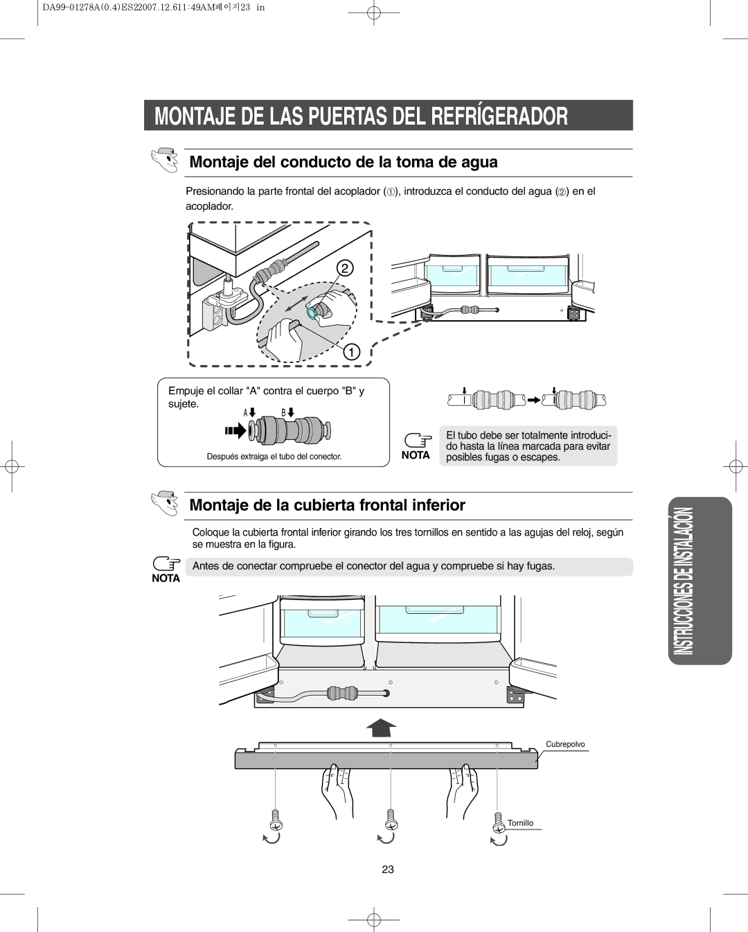 Sears RS263B, RS269L**, RS267B, RS265B** Montaje del conducto de la toma de agua, Montaje de la cubierta frontal inferior 