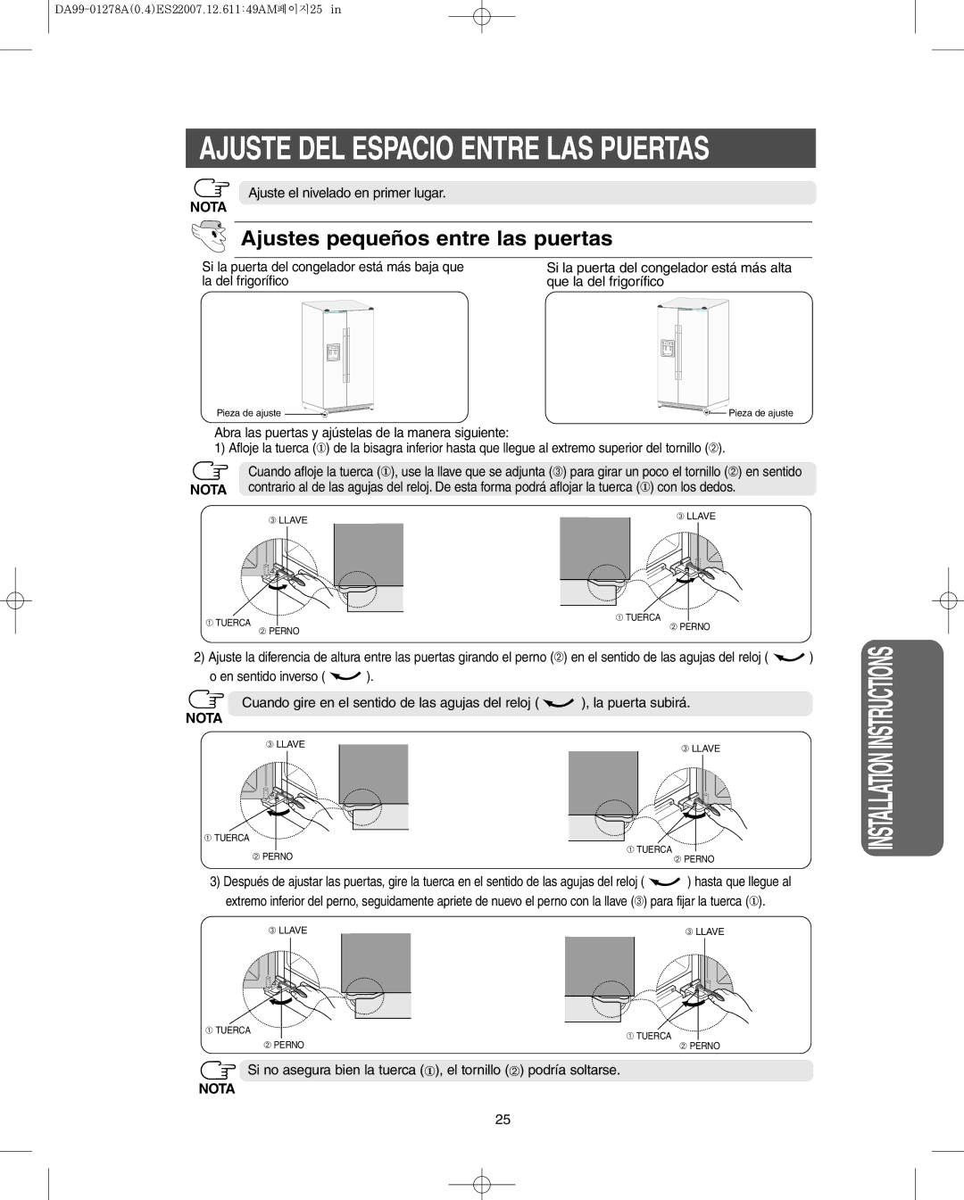 Sears RS267B Ajuste DEL Espacio Entre LAS Puertas, Ajustes pequeños entre las puertas, Ajuste el nivelado en primer lugar 