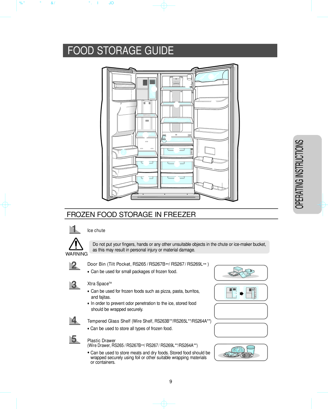 Sears RS267L**, RS269L**, RS265B**, RS267B**, RS263B**, RS264A**, RS265L Food Storage Guide, Frozen Food Storage in Freezer 