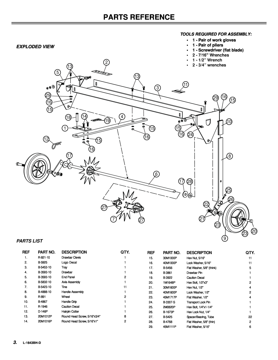 Sears S A T - 4 0 B H owner manual Parts Reference, Exploded View, Parts List, Tools Required For Assembly, 3. L-1643BH-D 