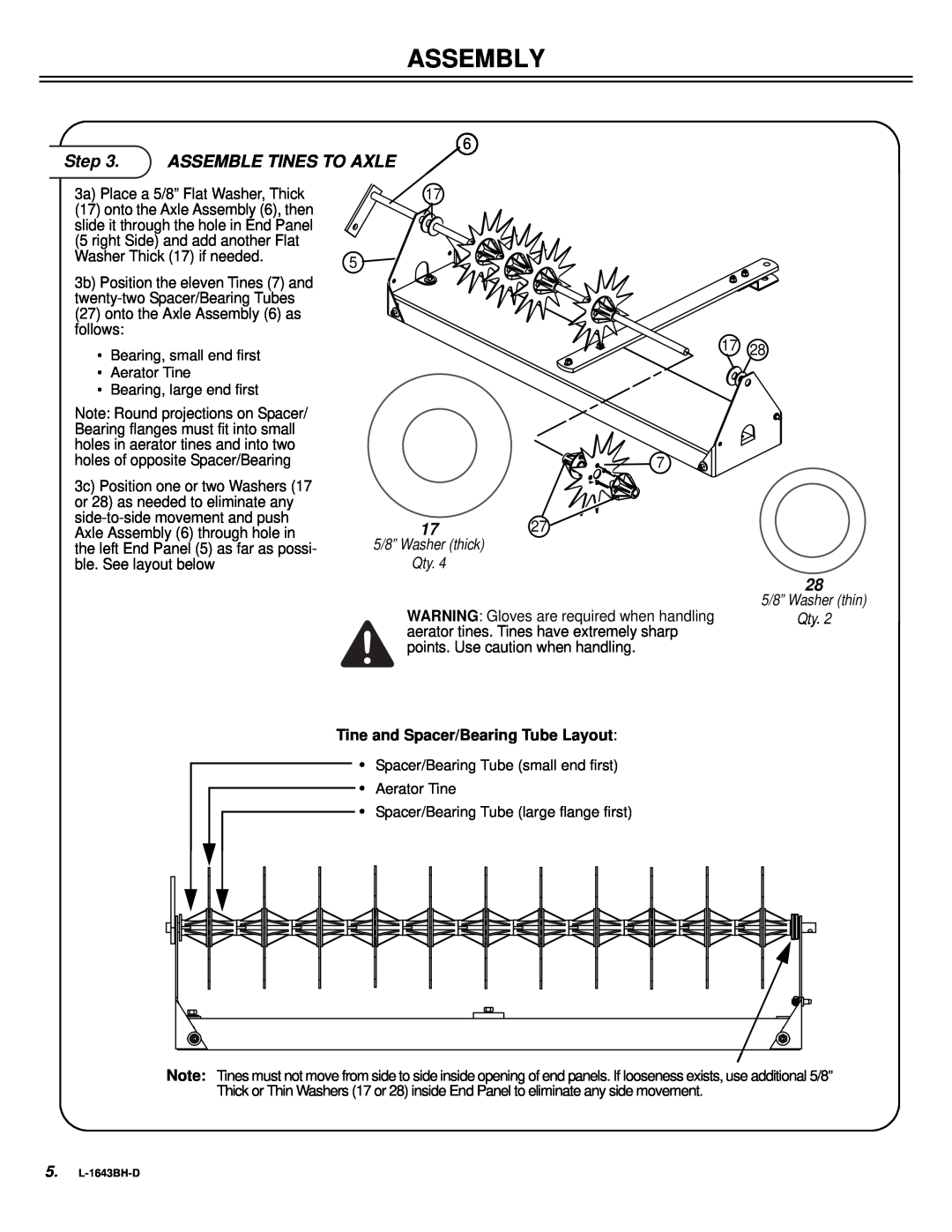 Sears S A T - 4 0 B H owner manual Assemble Tines To Axle, 5/8” Washer thick Qty, 5/8” Washer thin Qty, Assembly 