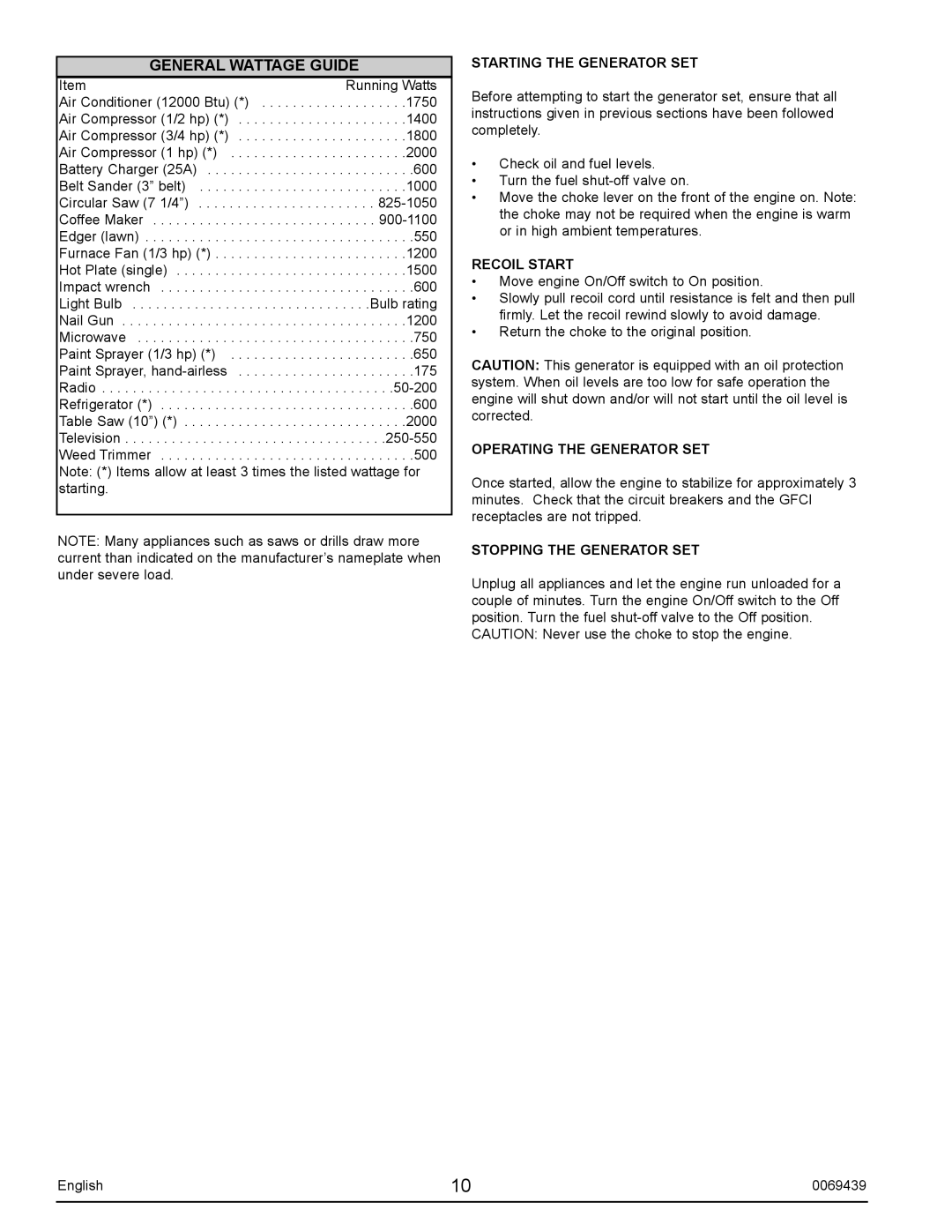 Sears S2800 user manual General Wattage Guide, Starting the Generator SET, Recoil Start, Operating the Generator SET 