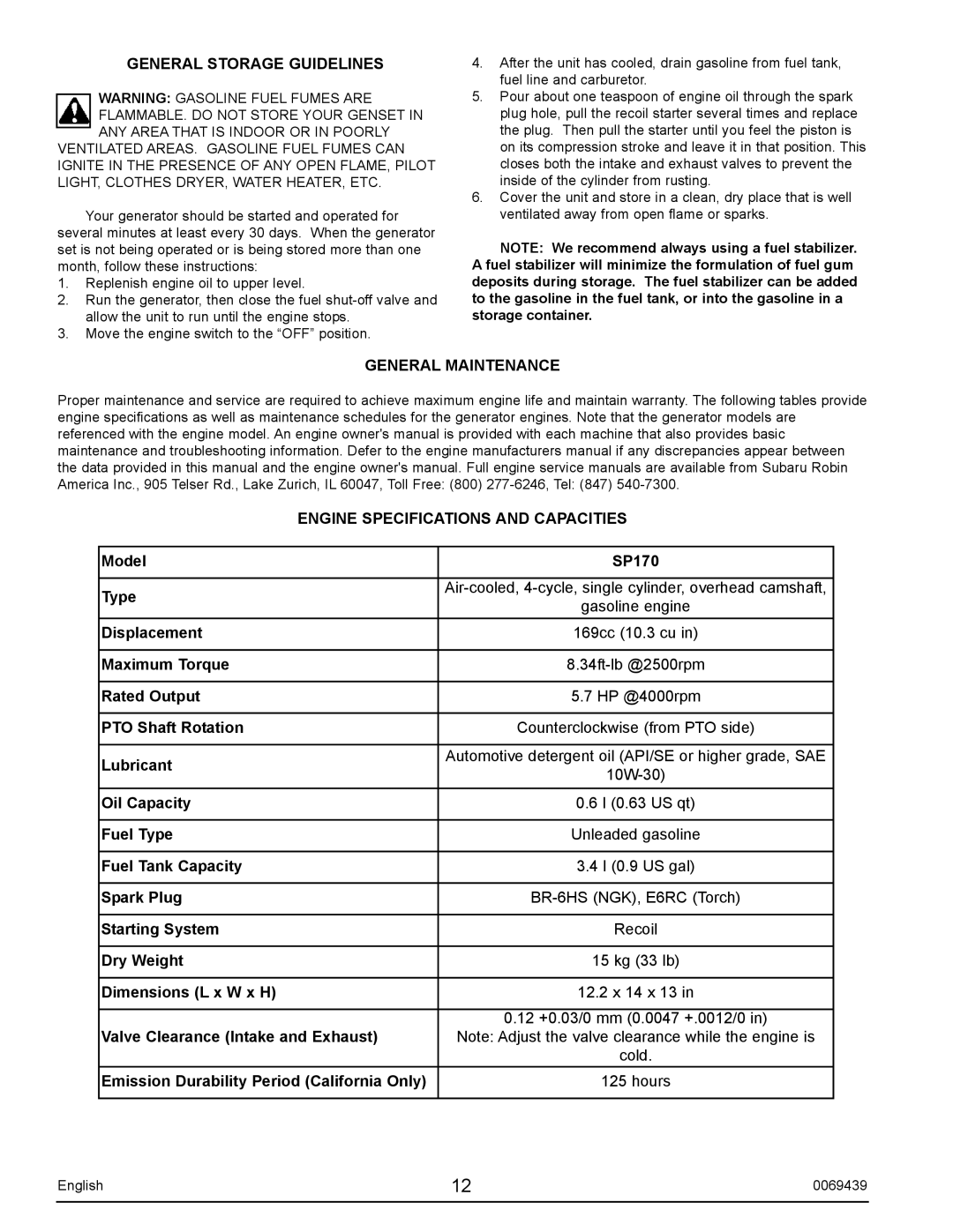 Sears S2800 user manual General Storage Guidelines, General Maintenance Engine Specifications and Capacities 