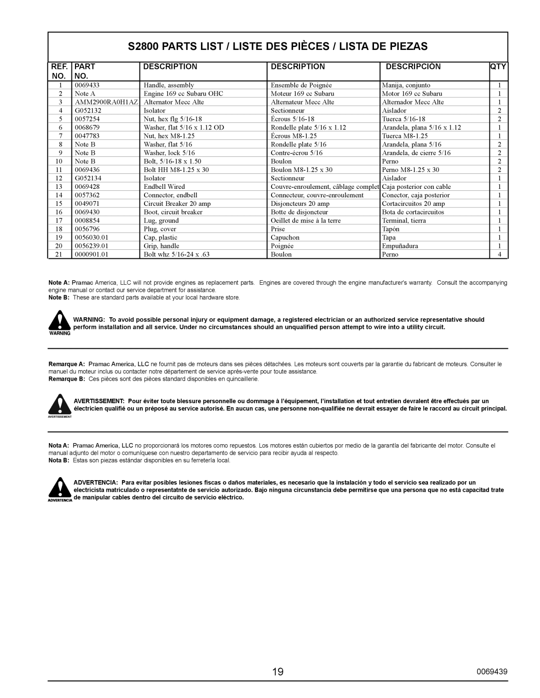 Sears user manual S2800 Parts List / Liste DES Pièces / Lista DE Piezas, Part Description Descripción QTY 