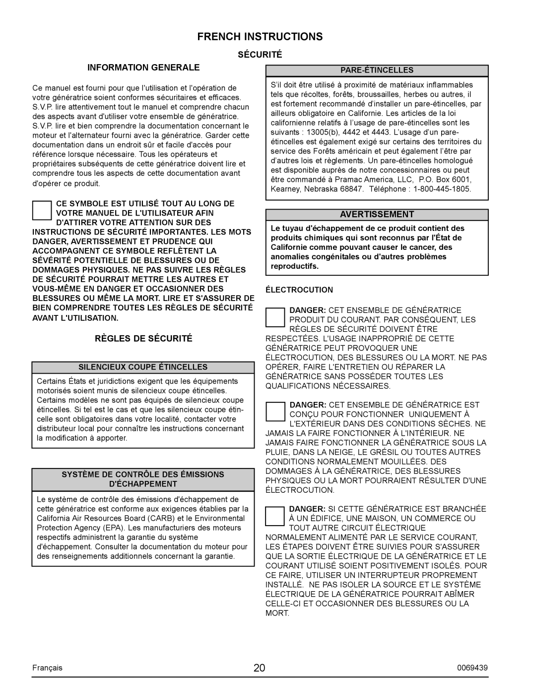 Sears S2800 user manual French Instructions, Sécurité Information Generale, Règles DE Sécurité, Avertissement 