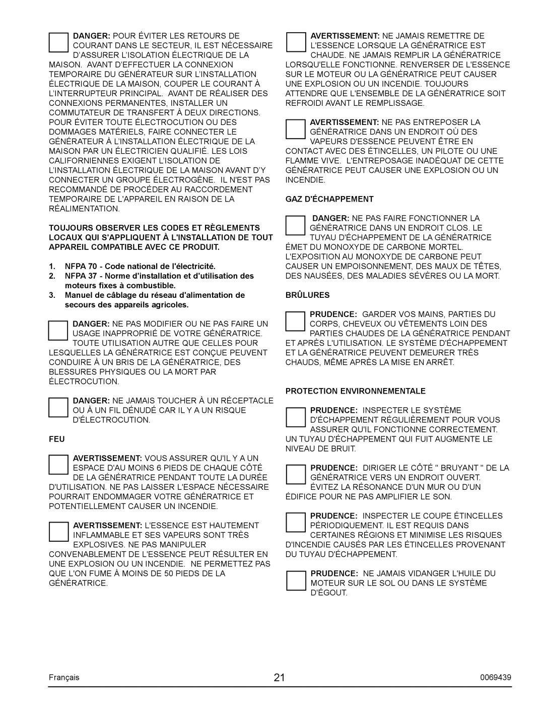 Sears S2800 user manual Feu, GAZ Déchappement, Brûlures, Protection Environnementale 