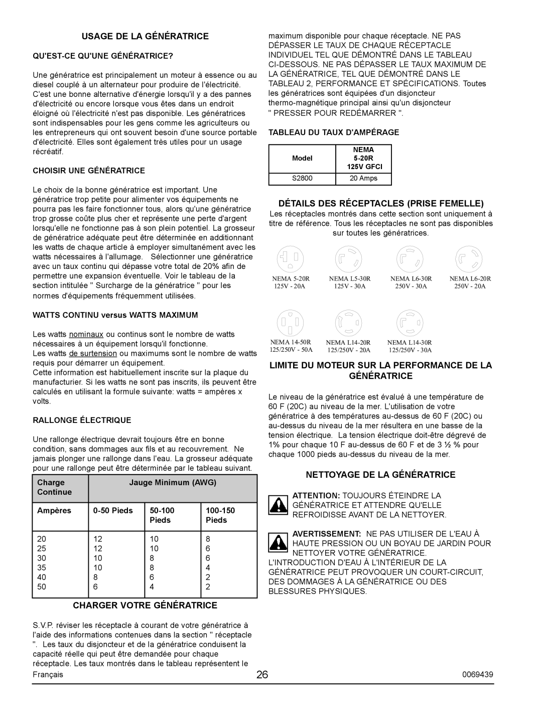 Sears S2800 user manual Usage DE LA Génératrice, Détails DES Réceptacles Prise Femelle, Nettoyage DE LA Génératrice 