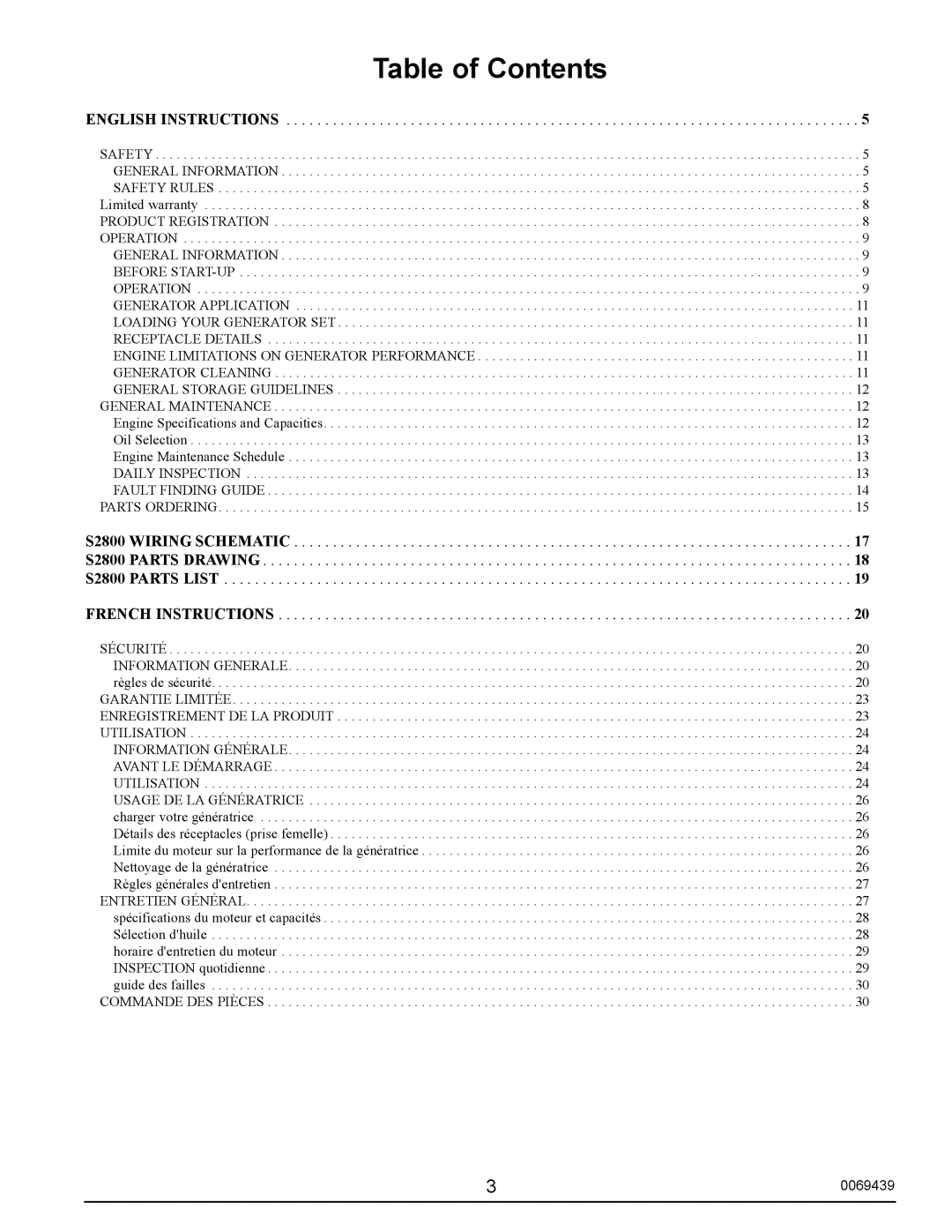 Sears S2800 user manual Table of Contents 