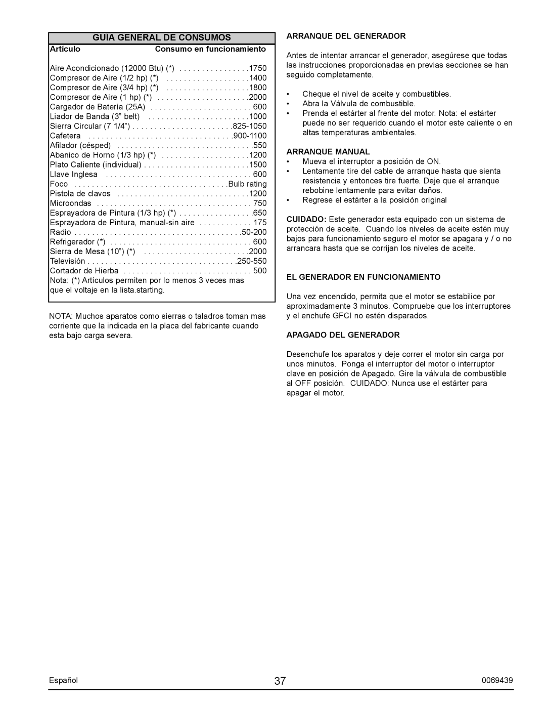 Sears S2800 user manual Guía General DE Consumos, Arranque DEL Generador, Arranque Manual, EL Generador EN Funcionamiento 