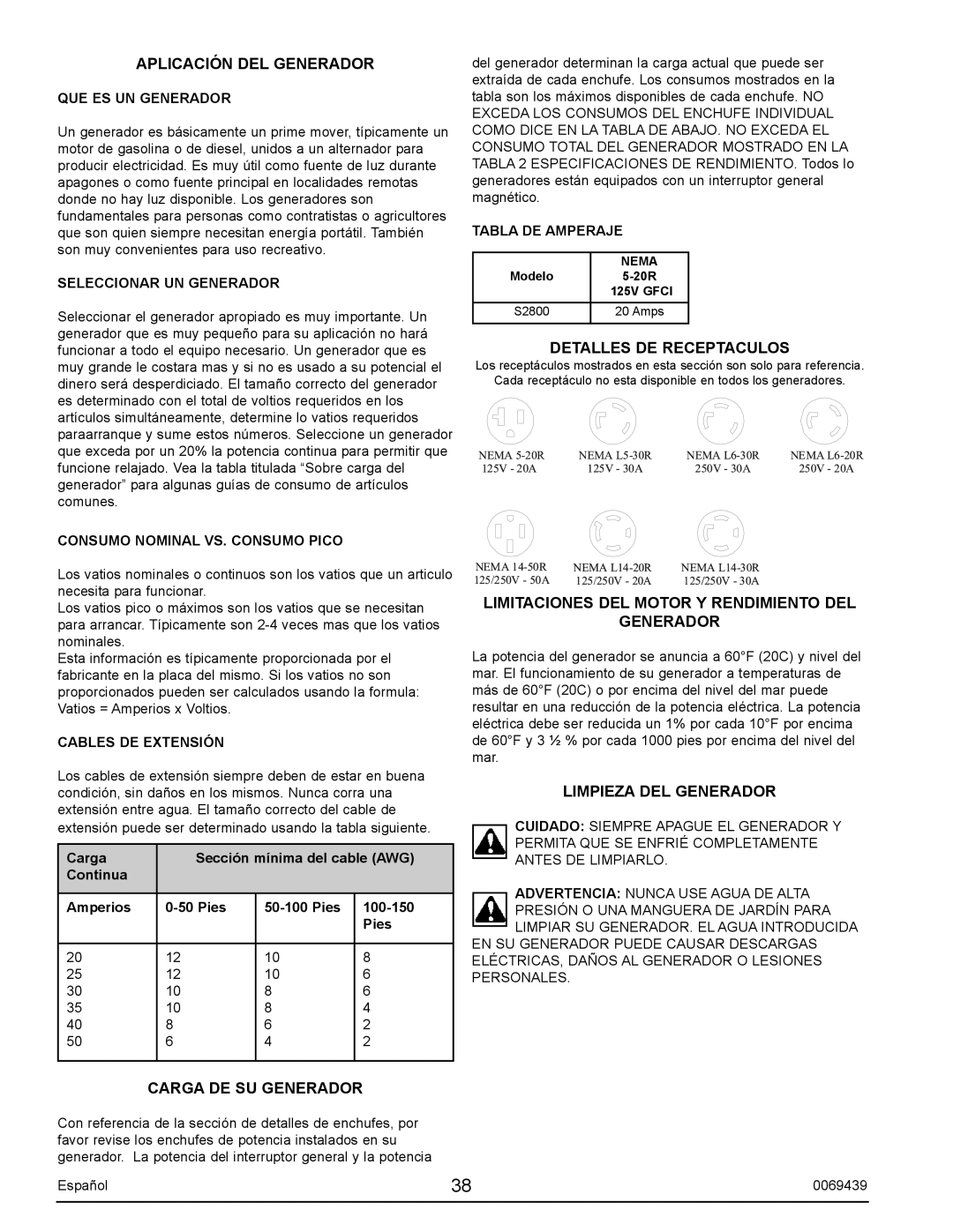 Sears S2800 user manual Aplicación DEL Generador, Carga DE SU Generador, Detalles DE Receptaculos, Limpieza DEL Generador 