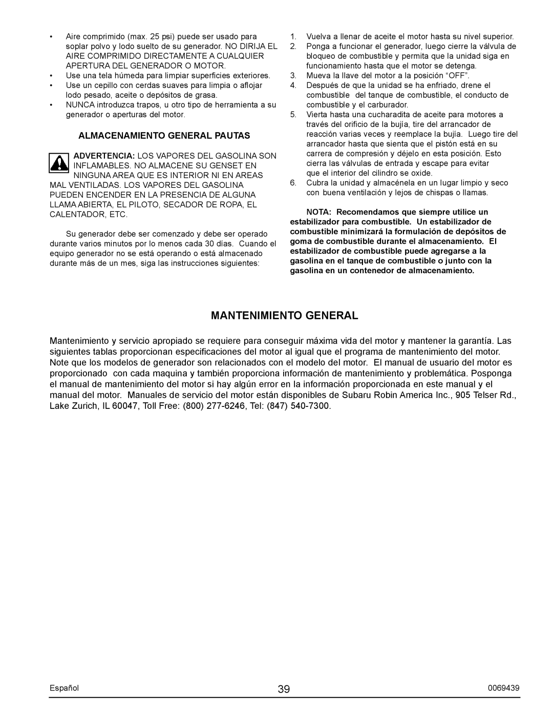 Sears S2800 user manual Mantenimiento General, Almacenamiento General Pautas 