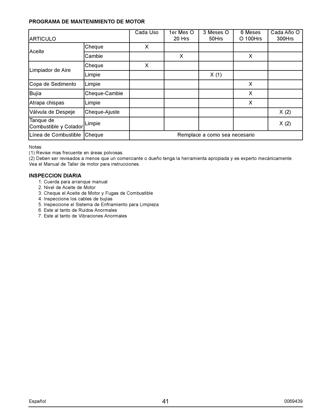 Sears S2800 user manual Programa DE Mantenimiento DE Motor, Inspeccion Diaria 