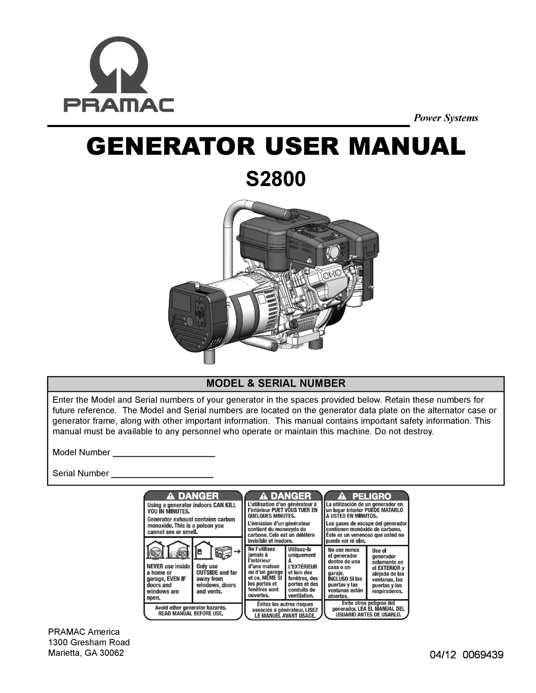 Sears S2800 user manual Model & Serial Number, Power Systems, 04/12 