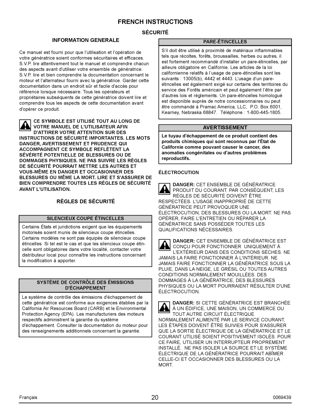 Sears S2800 user manual French Instructions, Silencieux Coupe Étincelles, Système De Contrôle Des Émissions Déchappement 
