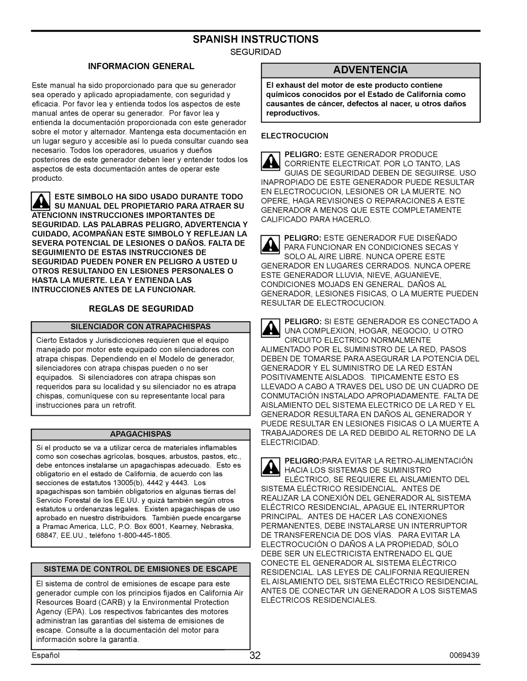 Sears S2800 user manual Spanish Instructions, Adventencia, Electrocucion, Silenciador Con Atrapachispas, Apagachispas 