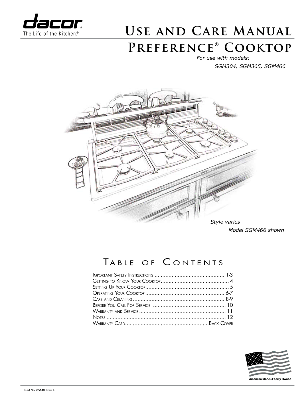 Sears SGM304, SGM466, SGM365 important safety instructions USE and Care Manual Preference Cooktop 