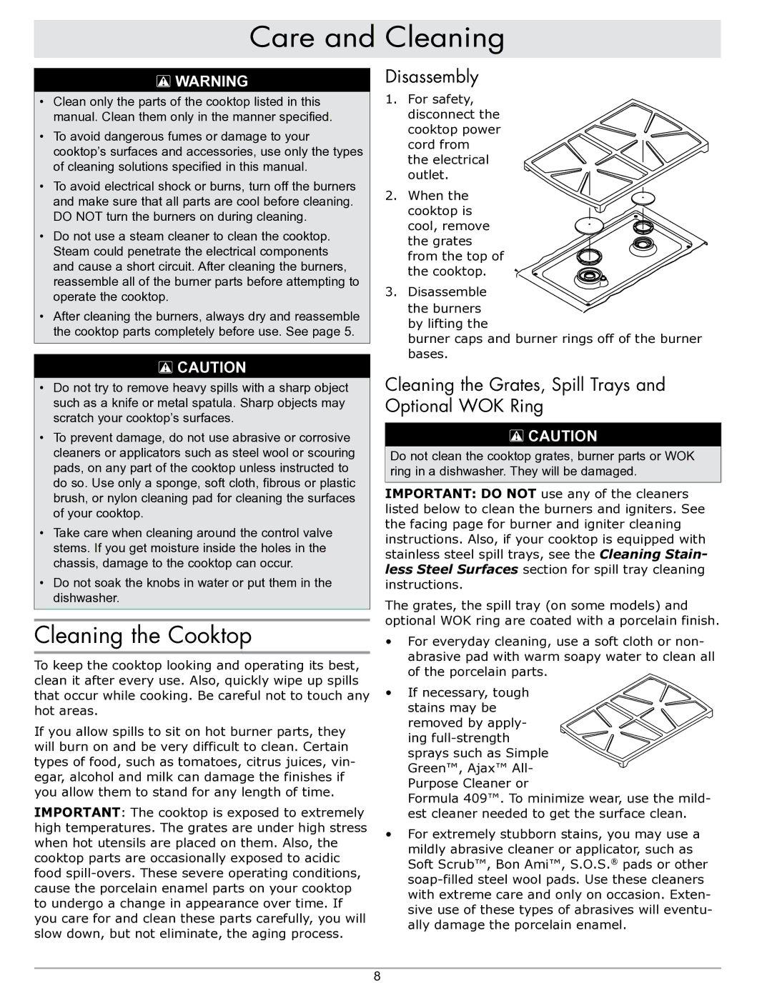 Sears SGM304 Care and Cleaning, Cleaning the Cooktop, Disassembly, Cleaning the Grates, Spill Trays and Optional WOK Ring 