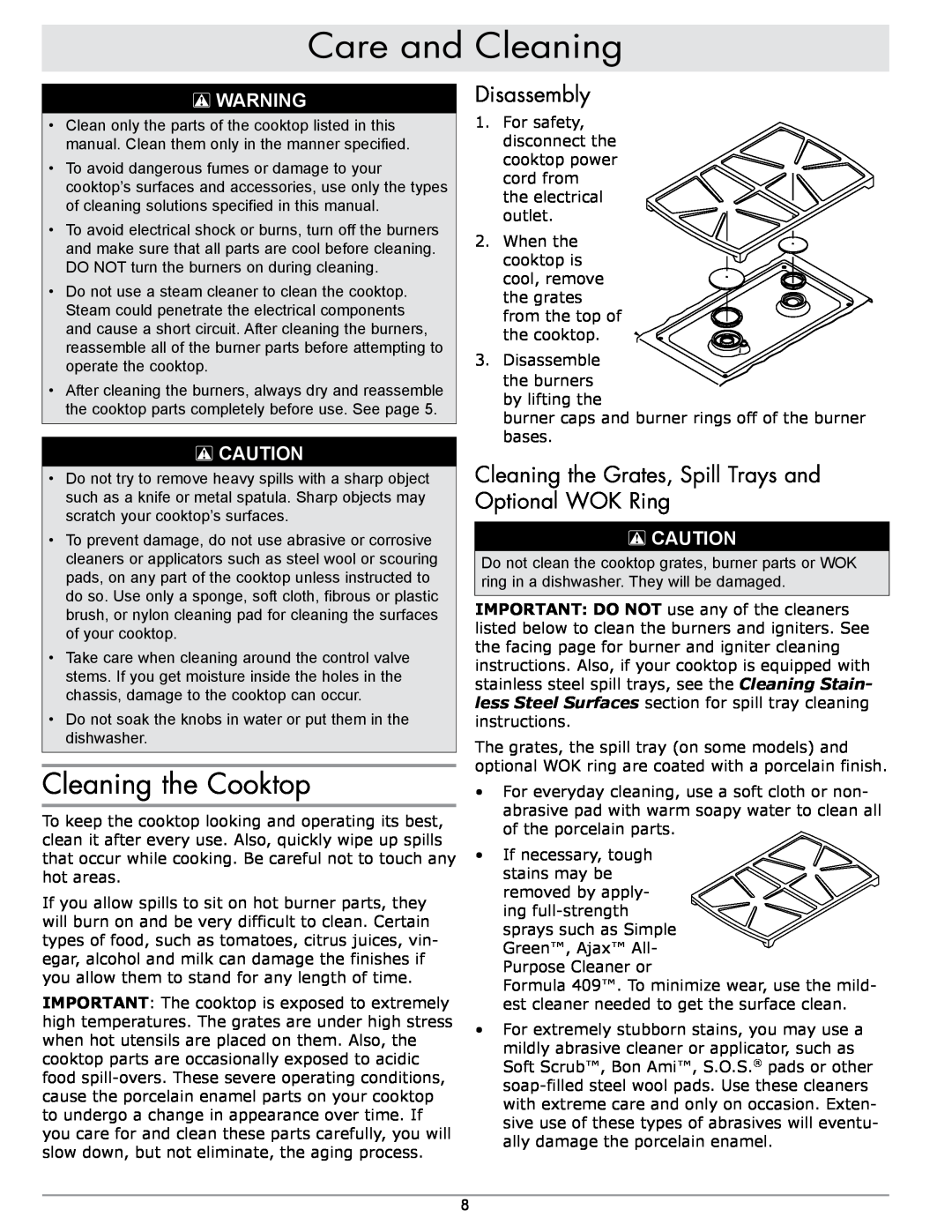 Sears SGM304, SGM466, SGM365 important safety instructions Care and Cleaning, Cleaning the Cooktop, Disassembly 