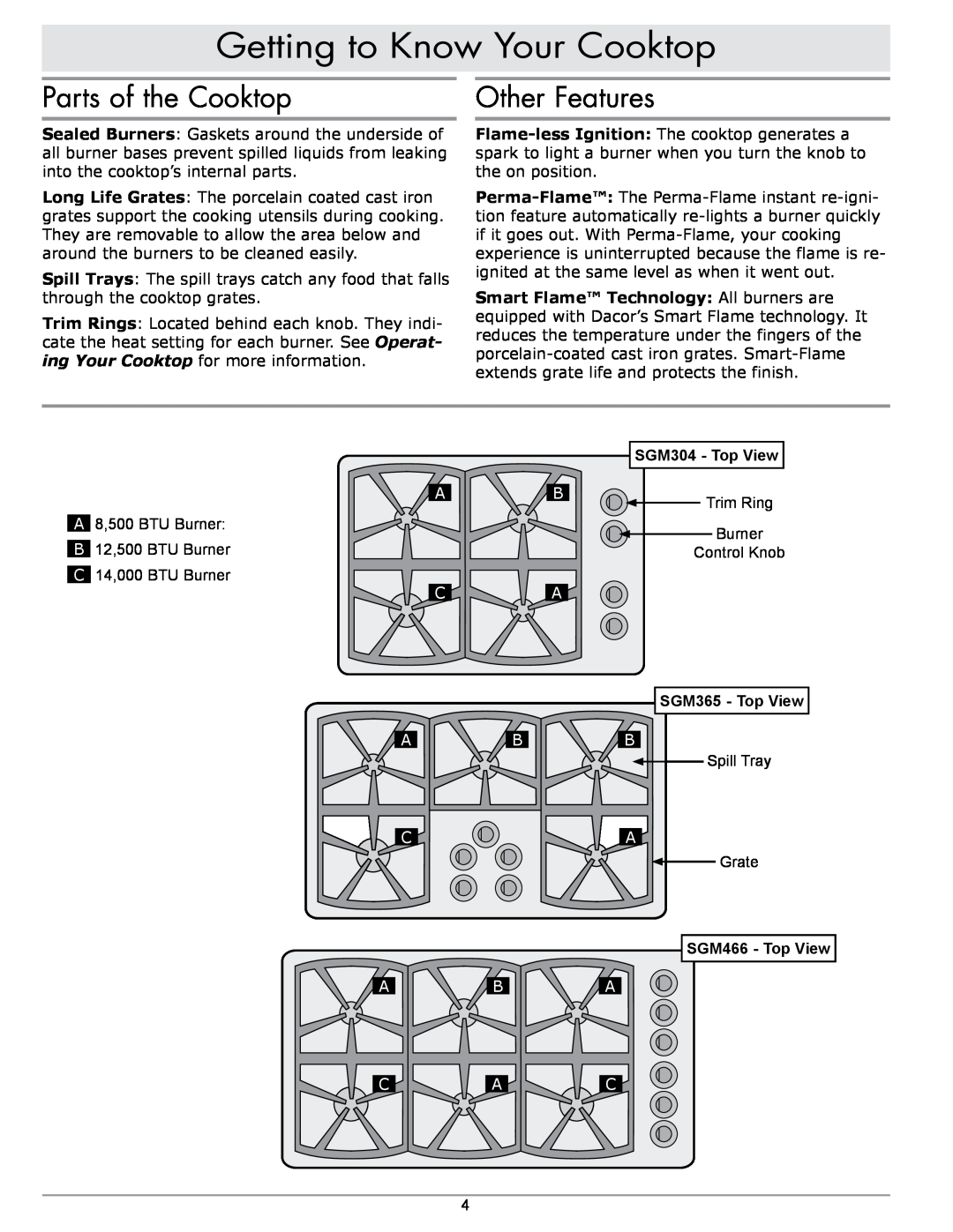 Sears Getting to Know Your Cooktop, Parts of the Cooktop, Other Features, SGM365 - Top View, SGM466 - Top View, Burner 