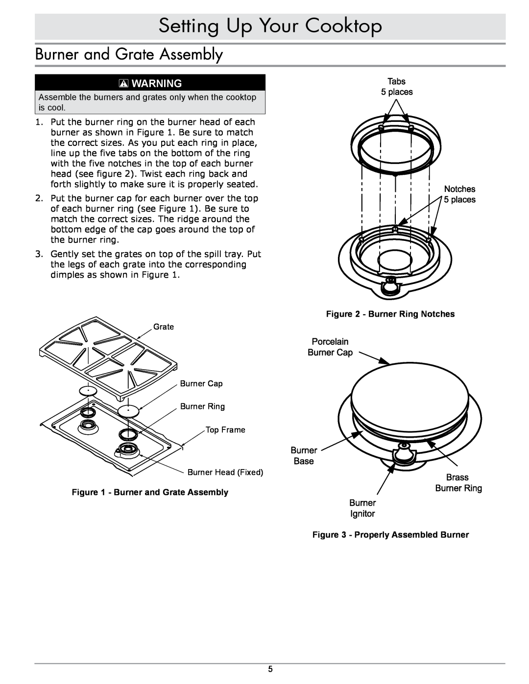 Sears SGM304, SGM466 Setting Up Your Cooktop, Burner and Grate Assembly, Burner Ring Notches, Properly Assembled Burner 