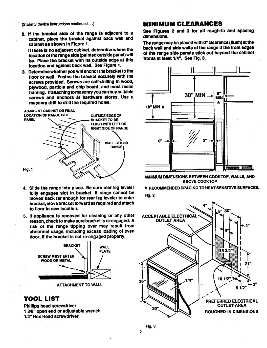 Sears SR10095 installation instructions Minimum Clearances, Tool List 