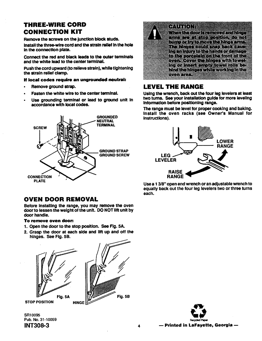 Sears SR10095 installation instructions THREE-WIRE Cord Connection KIT, Level the Range, Oven Door Removal 